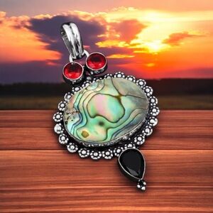 Abalone, Garnet and Black Agate Pendant Marked 925  Two and a Half Inches Long